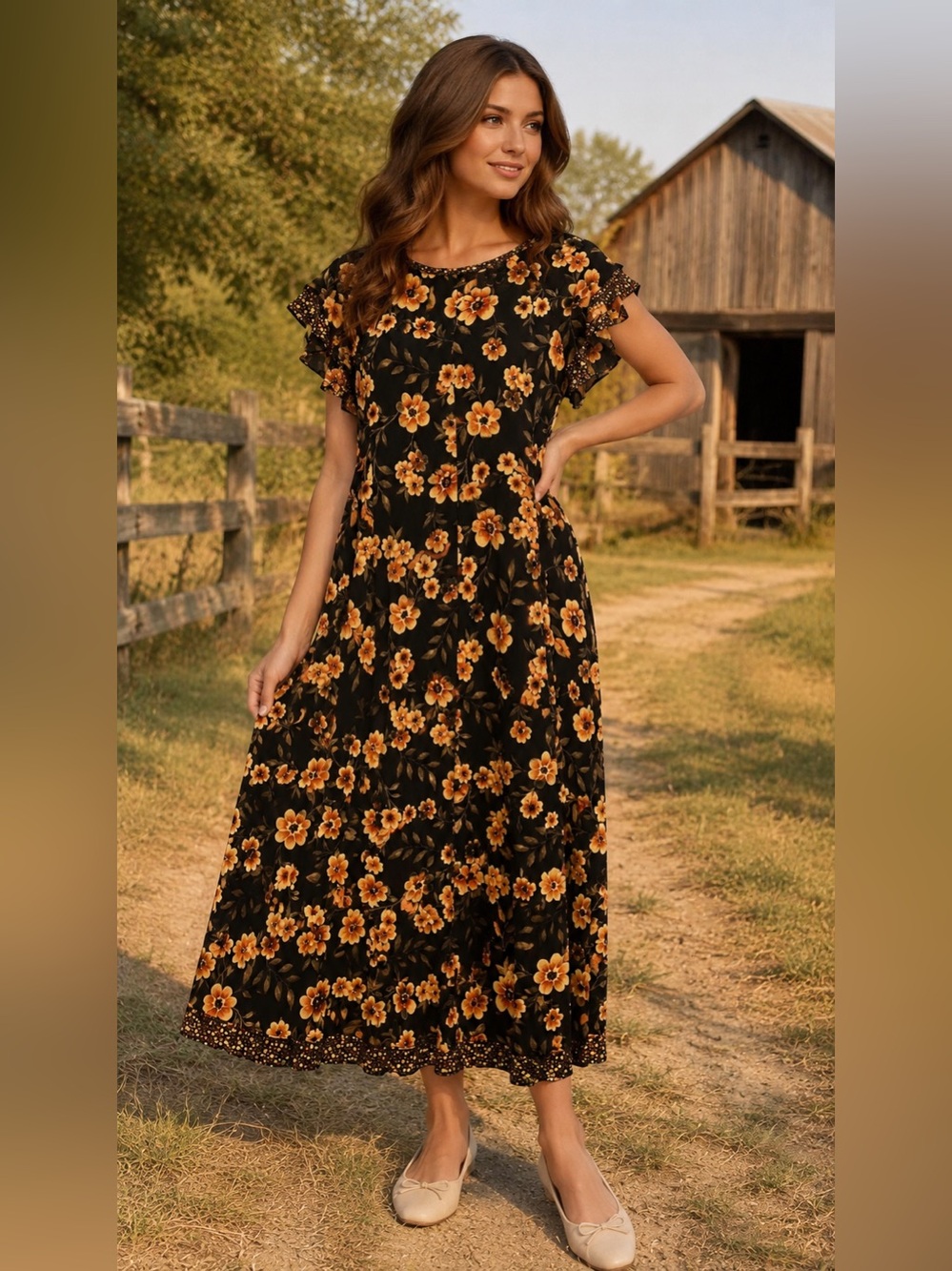 Perceptions New York Dressbarn Black Orange Floral Maxi Dress